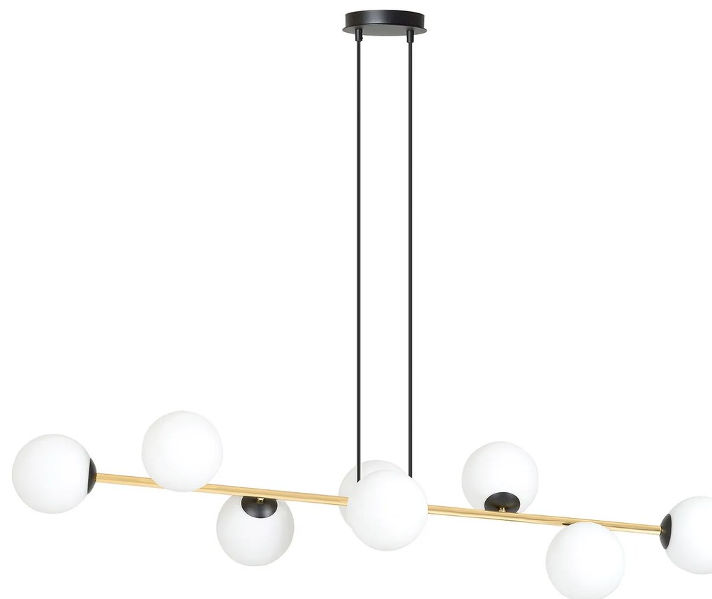 Sospensione Contemporanea Rhiannon 8 Luci In Acciaio Oro E Sfere In Vetro Bianco
