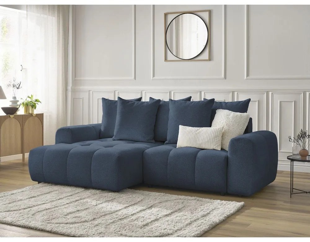 Divano angolare blu allungabile/con contenitore (con penisola a sinistra/con chaise lounge) con rivestimento in ciniglia Roxelane – Bobochic Paris