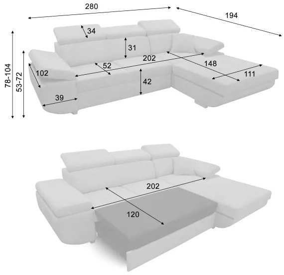 Divano letto angolare con contenitore a L CASTELO, lato destro, grigio