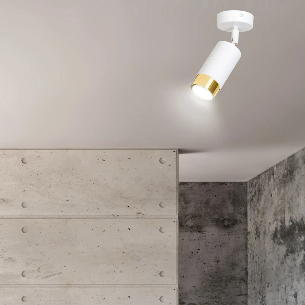 Faretto Orientabile 1 Luce Ragnar A Cilindro In Acciaio Bianco E Oro