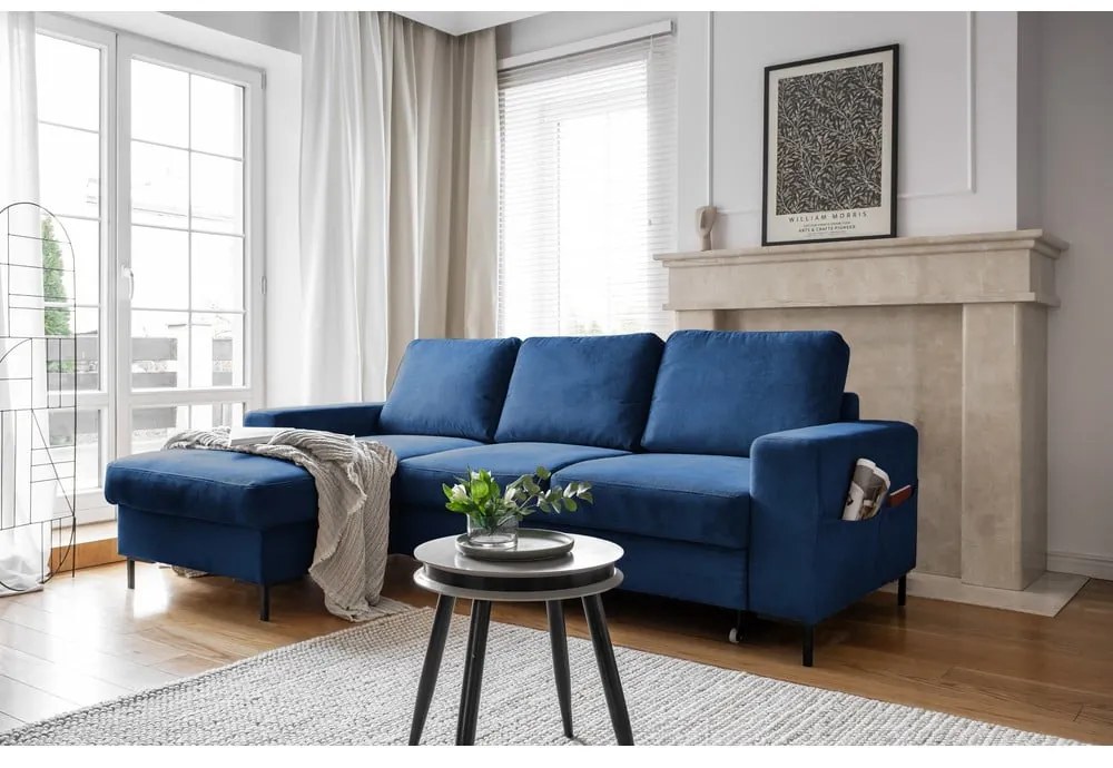 Divano letto angolare in velluto a coste blu scuro (angolo sinistro) Lofty Lilly - Miuform