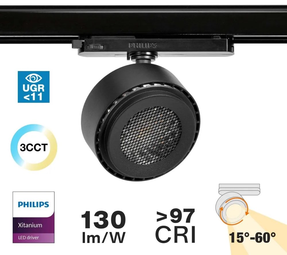 Faro LED 34W per Binario Trifase Regolabile 15°-60° Nero Philips Driver CCT CRI97 UGR11 Colore Bianco Variabile CCT