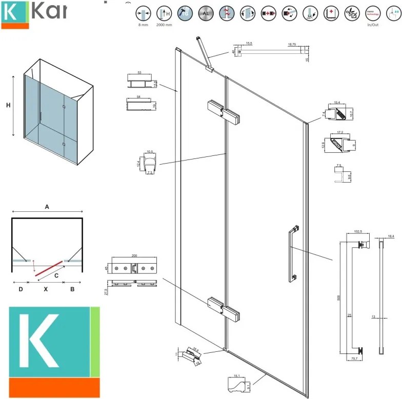 Kamalu - Porta doccia 130cm battente e 2 fissi colore nero | KT6000N