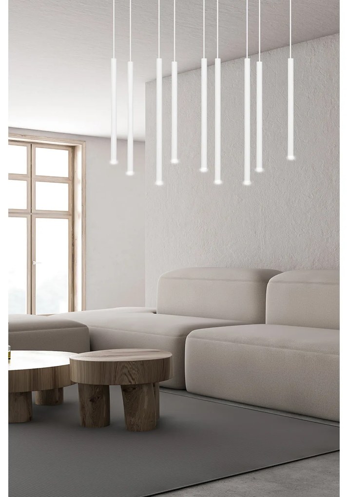 Lampadario 9 Luci Moderno Shu Acciaio Bianco E Paralumi A Cilindri Sottili