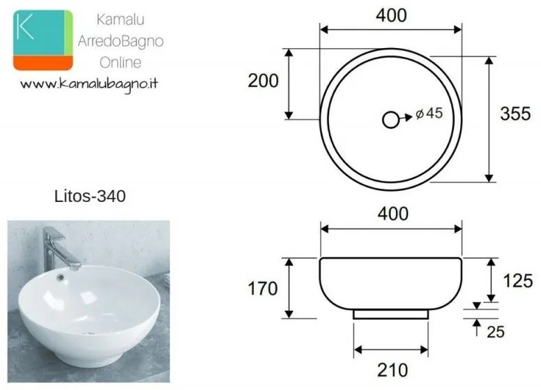 Kamalu - lavabo bacinella 40cm in ceramica litos-340