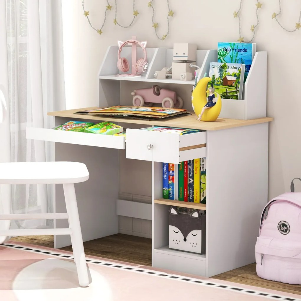 Costway Scrivania da studio in legno per bambini e adolescenti, Postazione per computer con vetrina libreria cassetto Naturale