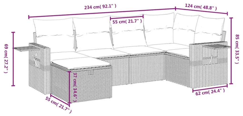 Set divano da giardino 6 pz con cuscini grigio in polyrattan