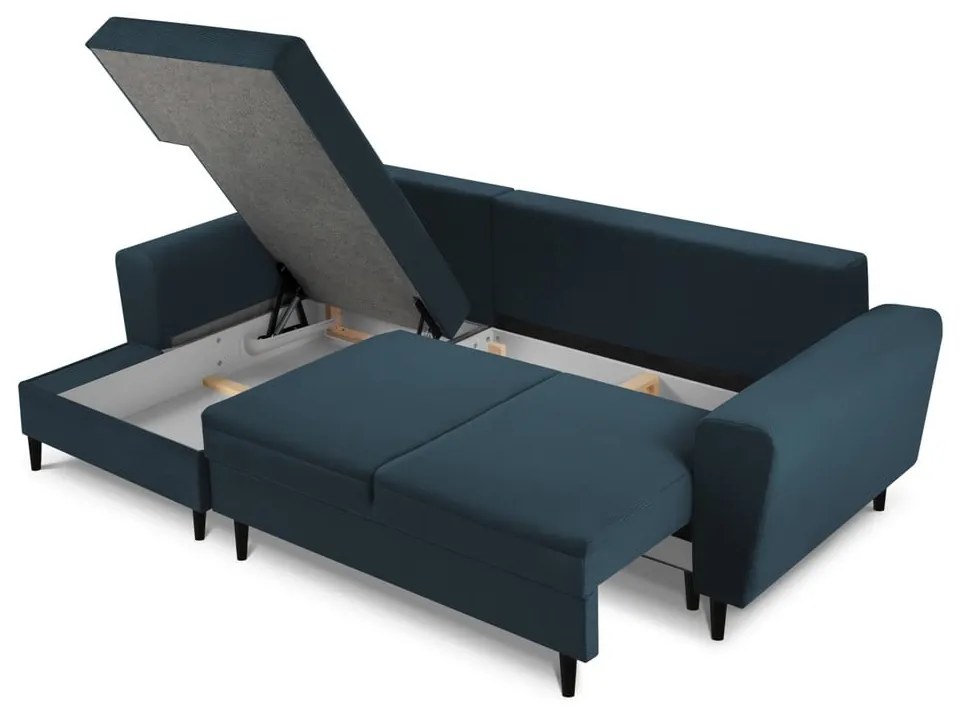 Divano angolare blu scuro allungabile e con contenitore (con penisola a sinistra/con chaise lounge) con rivestimento in velluto a coste Kyoto – Cosmopolitan Design