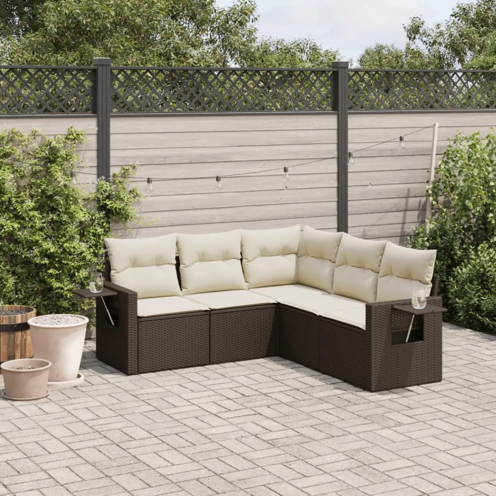 Set Divano da Giardino 5 pz con Cuscini Marrone in Polyrattan