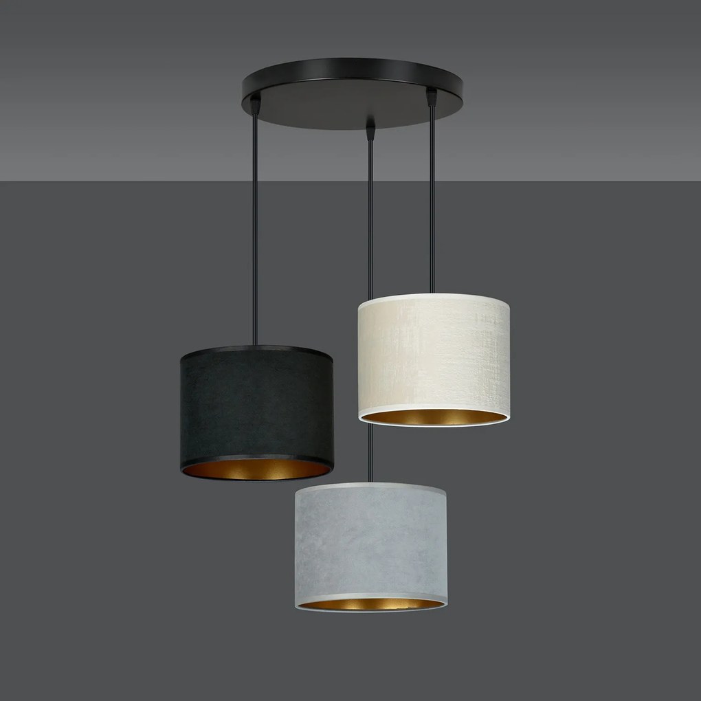 Lampadario Tondo 3 Luci Ganesha In Acciaio Nero E Paralumi In Tessuto Multicolore