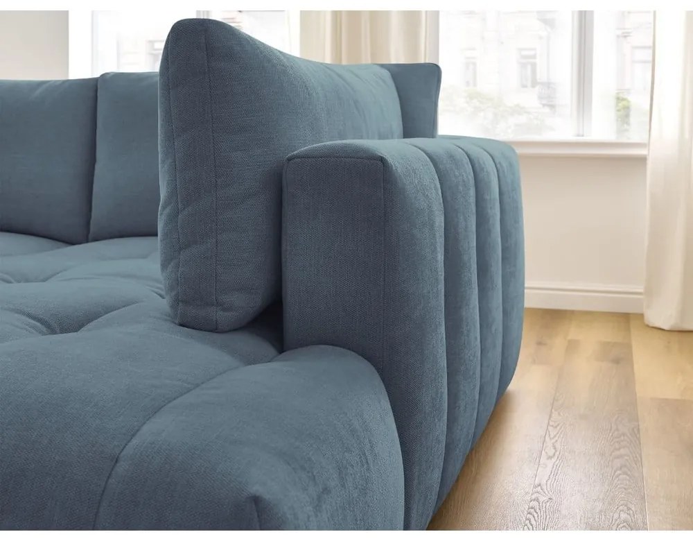 Divano angolare blu allungabile e con contenitore (penisola a destra/a L) con rivestimento in ciniglia Fuji – Bobochic Paris