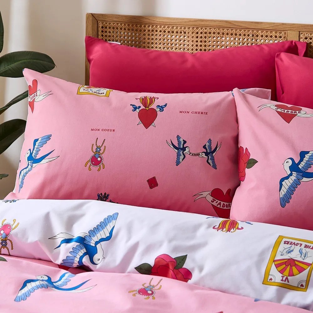 Set copripiumino e federa bianco e rosa in cotone per letto singolo 135x200 cm Mon Coeur – Their Nibs