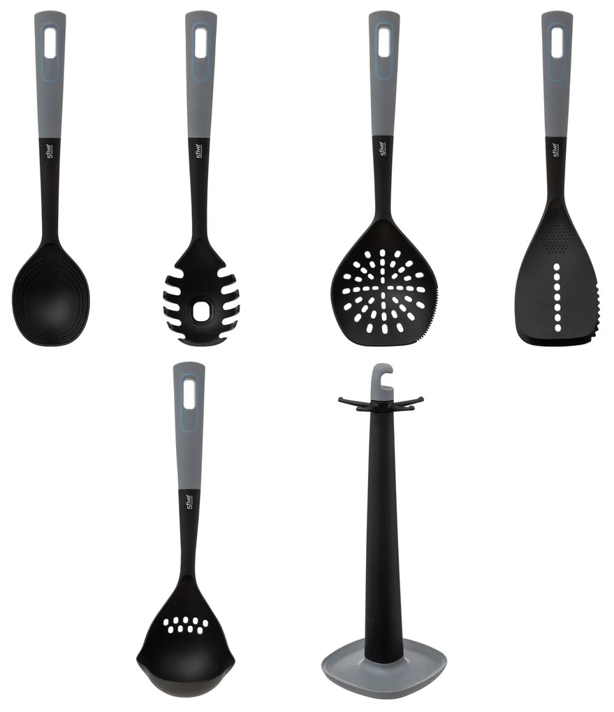 Set 5 utensili cucina in nylon con supporto