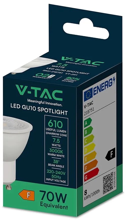 Faretto LED GU10 7.5W 3000K 38° Trasparente V-TAC