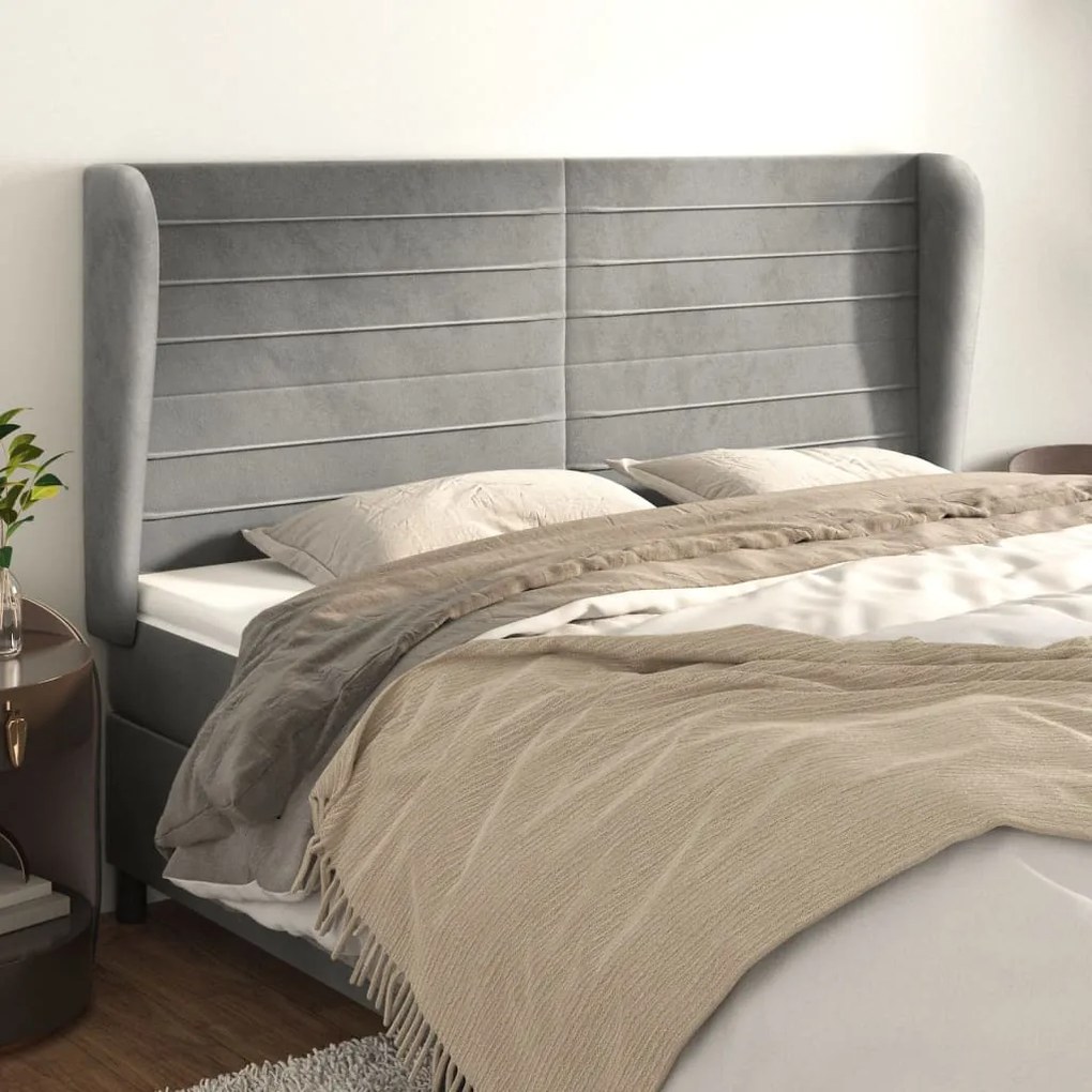 Testiera Ad Orecchio Grigio Chiaro 163x23x118/128 Cm İn Velluto /