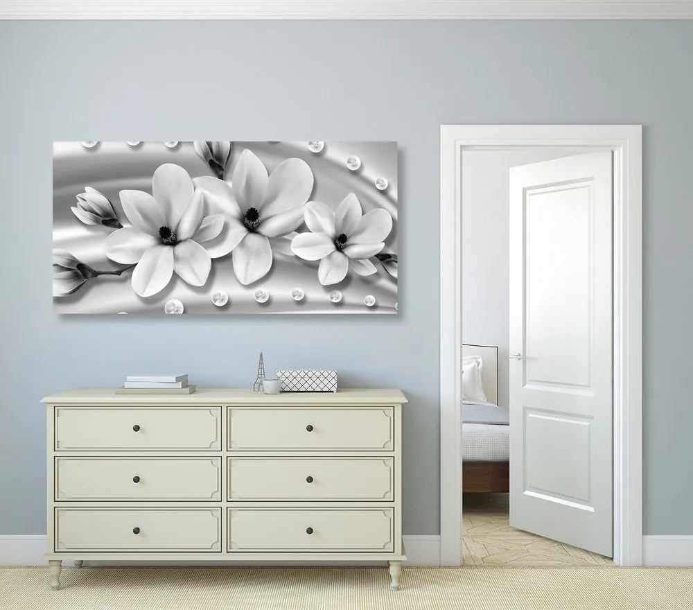 Stampa su tela – Magnolia di lusso con perle in bianco e nero