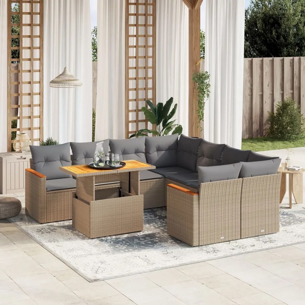 Set divano da giardino 9 pz con cuscini beige in polyrattan