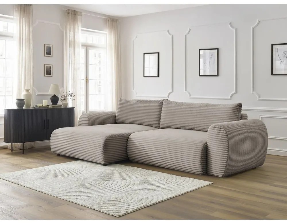 Divano angolare in grigio chiaro/beige allungabile (con penisola a sinistra) con rivestimento in velluto a coste Lucien – Bobochic Paris