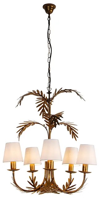 Lampadario oro con paralumi in lino bianco 5 luci - Botanica