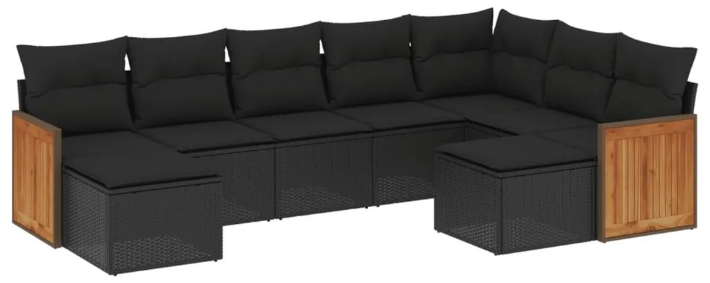 Set divani da giardino 9 pz con cuscini nero in polyrattan