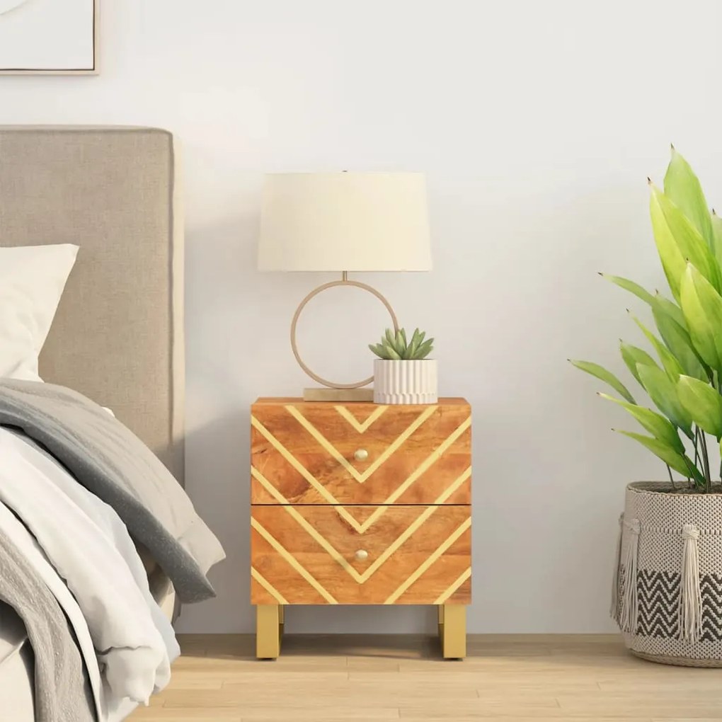 Comodino Marrone E Nero İn Legno Massello Di Mango /