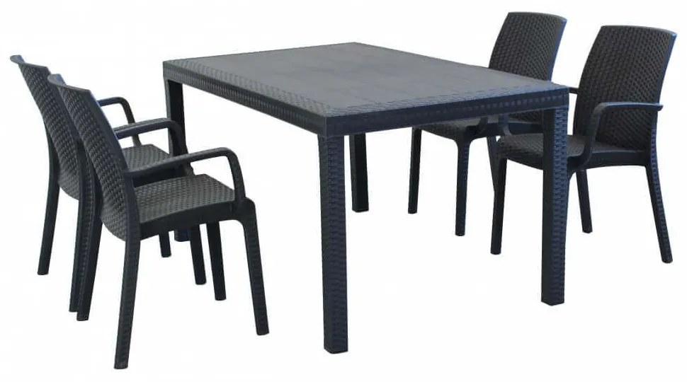 CALIGOLA - set tavolo in resina effetto rattan cm 150 x 90 x 74 h con 4 poltrone Alma