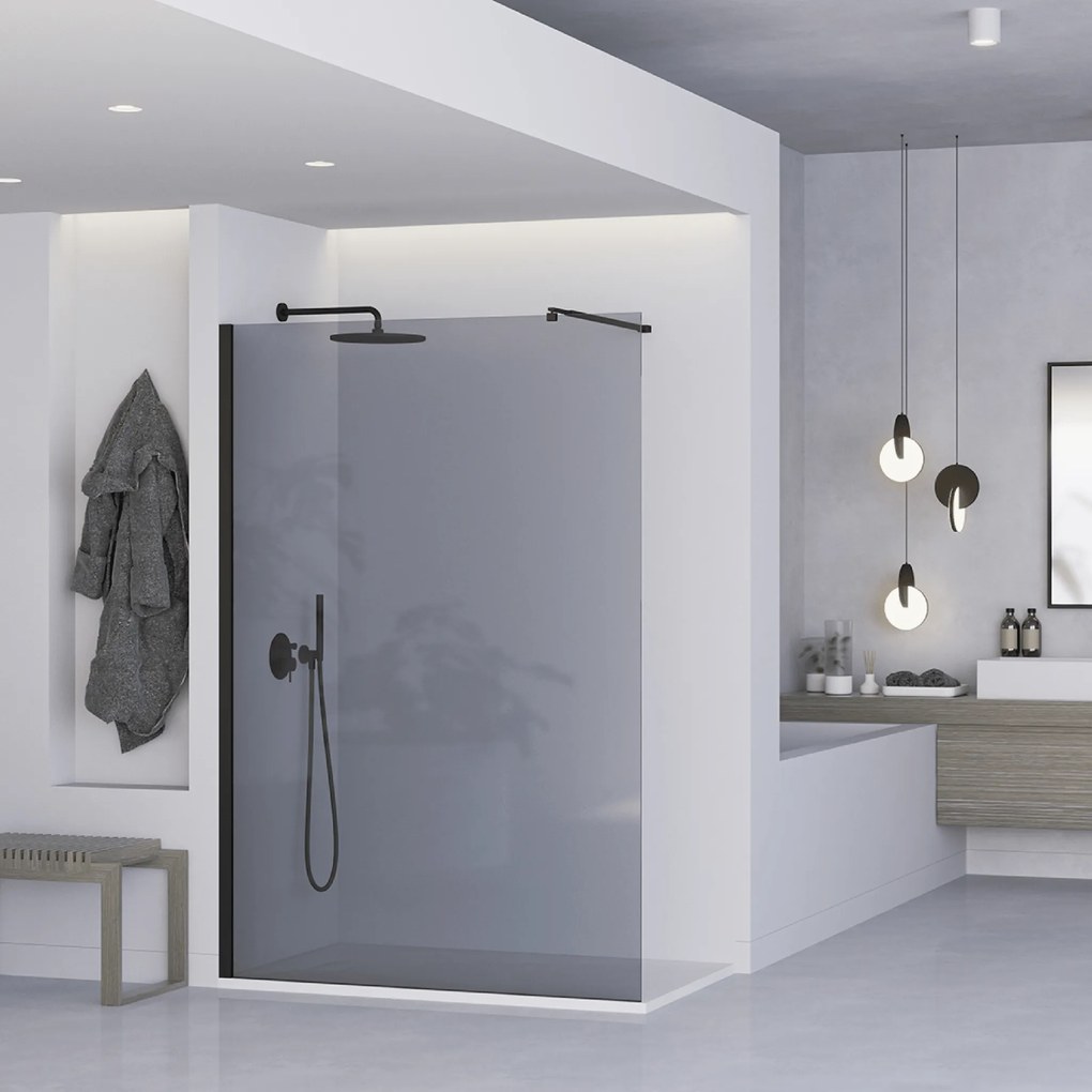 Box Doccia Walk-In 120 Cm Con Braccio Telescopico Feridras Nero Opaco/Vetro Fumè