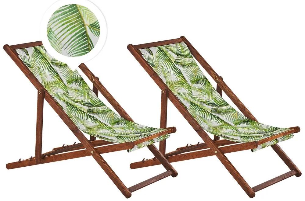 Set di 2 sedie a sdraio legno acacia scuro motivo foglie di palma verde ANZIO Beliani