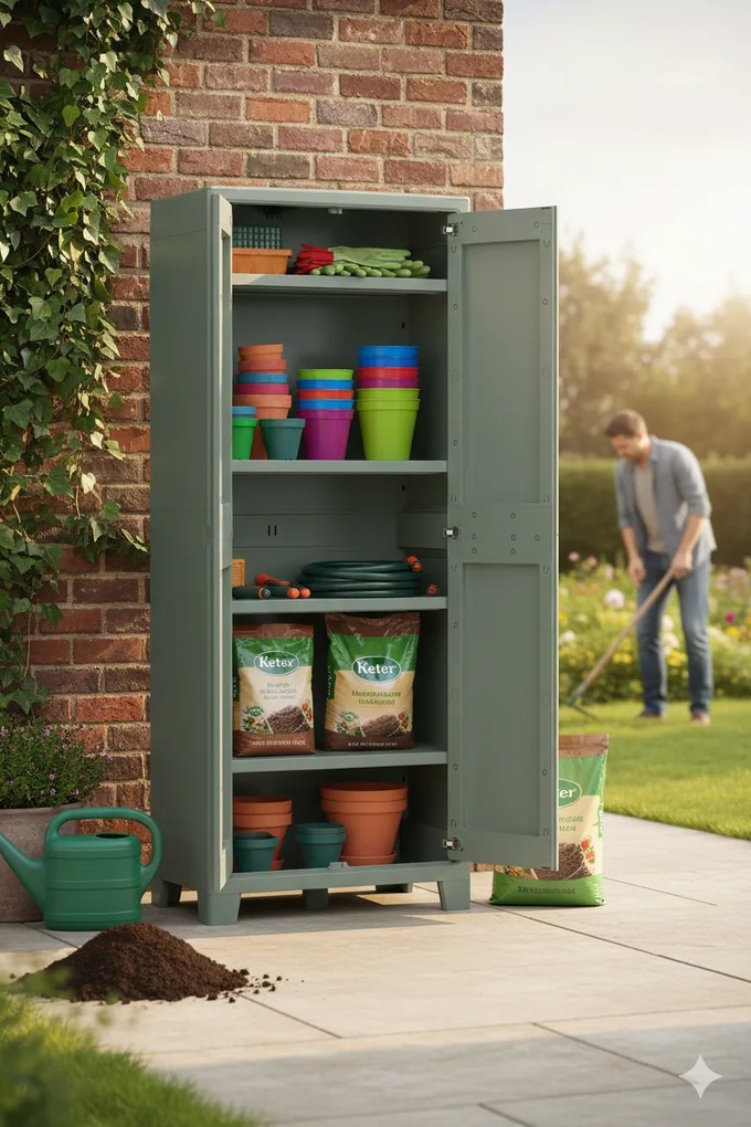 Armadio da Giardino 4 Ripiani 80x44x182 cm Keter Planet Outdoor Alto Grigio e Verde...