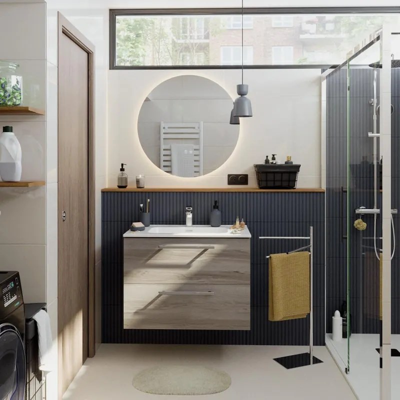 Mobile bagno sospeso con lavabo L 80 x H 57,7 x P 45 cm rovere grigio truciolare 2 cassetti | Remix