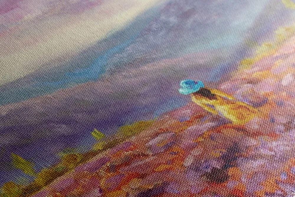 Quadro su tela – Ragazza in abito giallo in un campo di lavanda