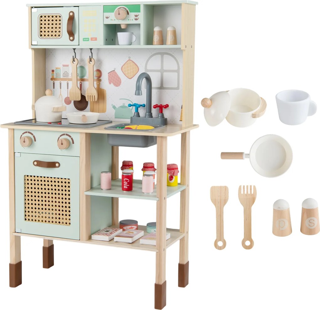 Costway Cucina da gioco in legno per bambini con luci e suoni, Set cucina giocattolo con accessori forno lavandino acqua macchina da caffè 3+ anni Verde