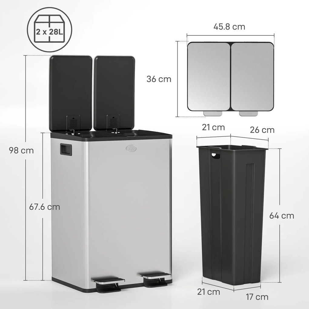 Pattumiera Differenziata Cestino Spazzatura 2 Scomparti da 28L in Acciaio Inox Argento...