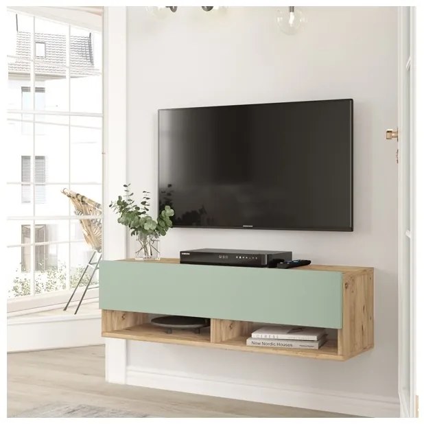 Mobile Tv Sospeso 100x32x30 2 Vani Effetto Legno Rovere E Verde Frame