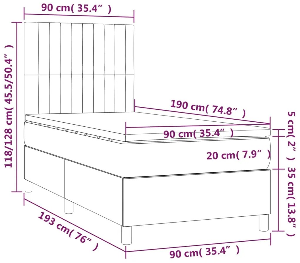 Letto a Molle con Materasso e LED Crema 90x190 cm in Tessuto