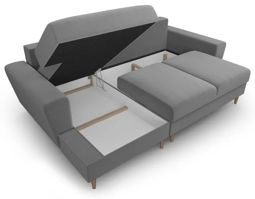 Divano angolare grigio chiaro allungabile e con contenitore (con penisola a sinistra/con chaise lounge) con rivestimento in velluto Kyoto – Cosmopolitan Design