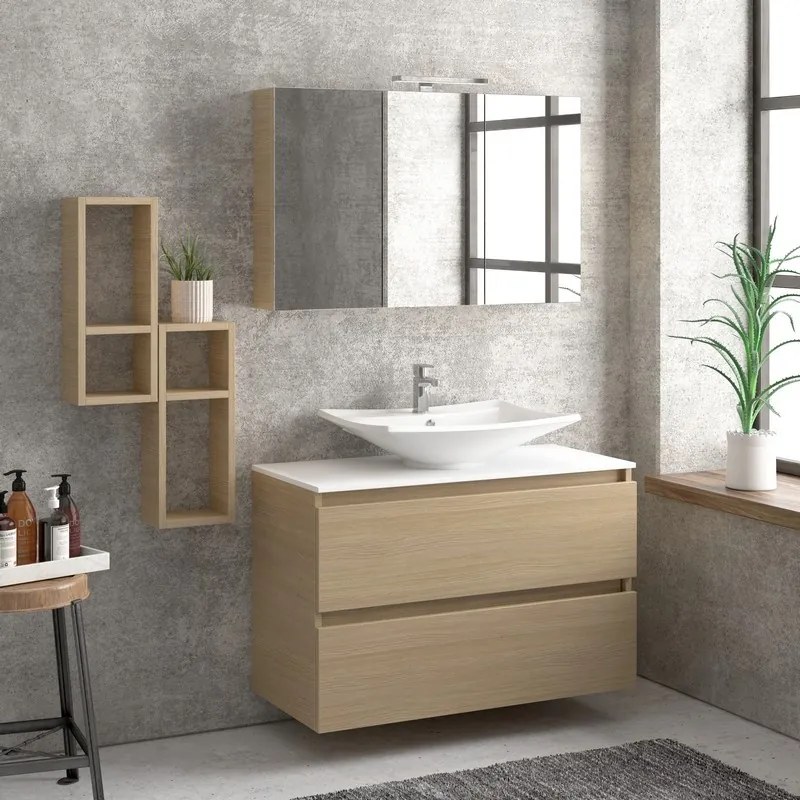 Composizione bagno sospesa 100cm: mobile, specchio contenitore e due pensili TOD-100E - KAMALU