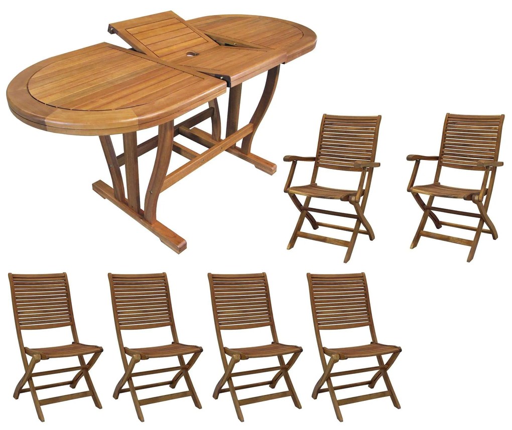 TURRIS - set tavolo in legno massiccio di acacia cm 120/160 x 70 x 74 h con 4 sedie e 2 poltrone Mulier