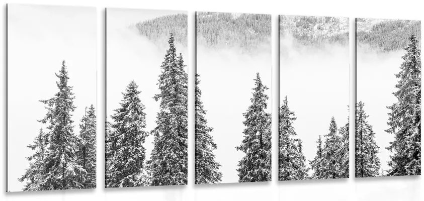 Quadri 5 pezzi – Alberi di pino innevati in bianco e nero