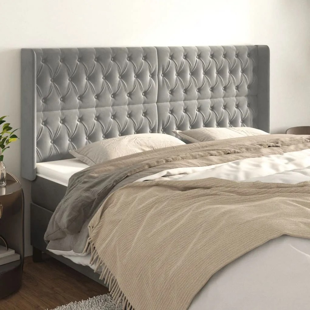 Testiera Ad Orecchio Grigio Chiaro 203x16x118/128 Cm İn Velluto /