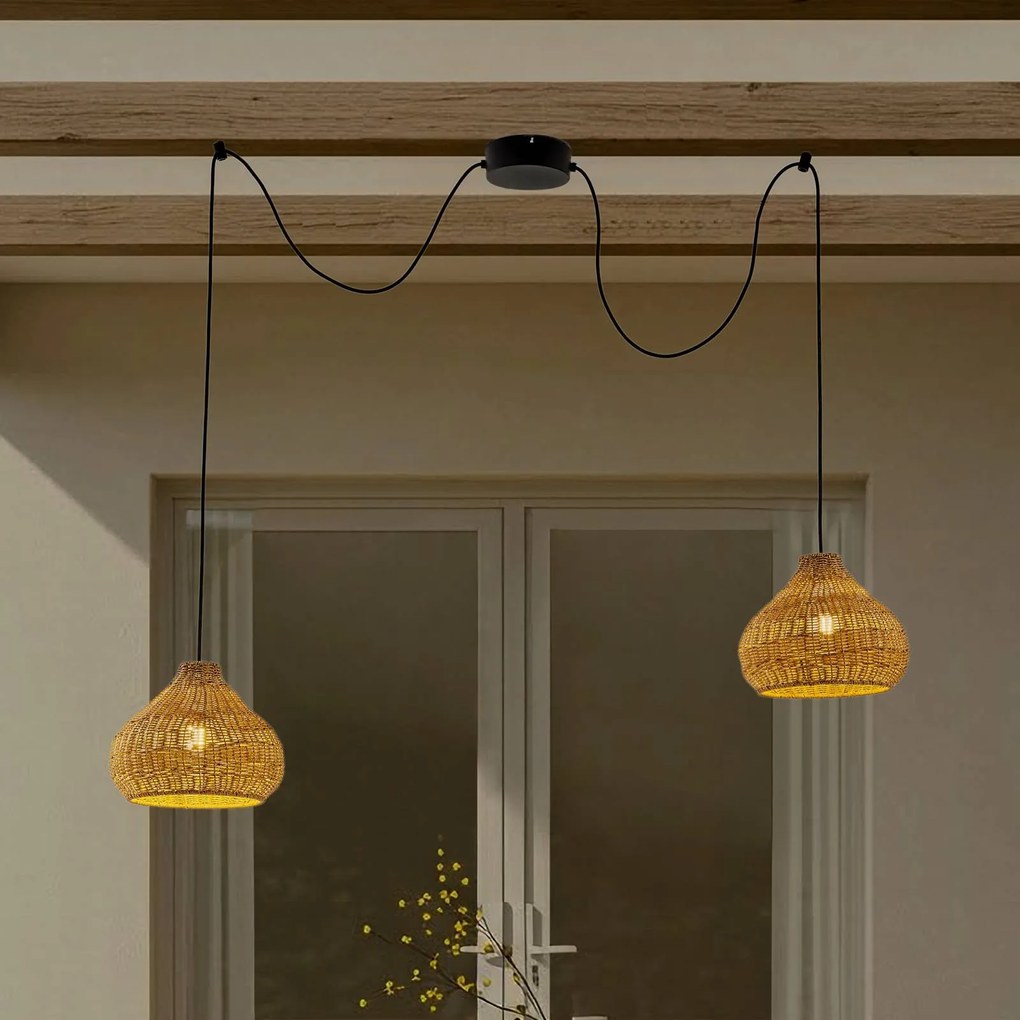 Lucande lampada a sospensione da esterno Taniola, 2 luci, beige, rattan, IP44 Taniola Lucande, dimmerabile, Legno chiaro, Legno, Campagna / Rustiche