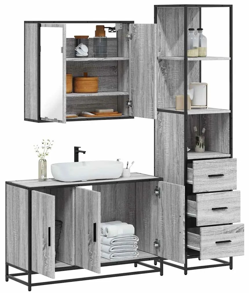 Set Mobili Da Bagno 3 Pz Grigio Sonoma İn Legno Multistrato /