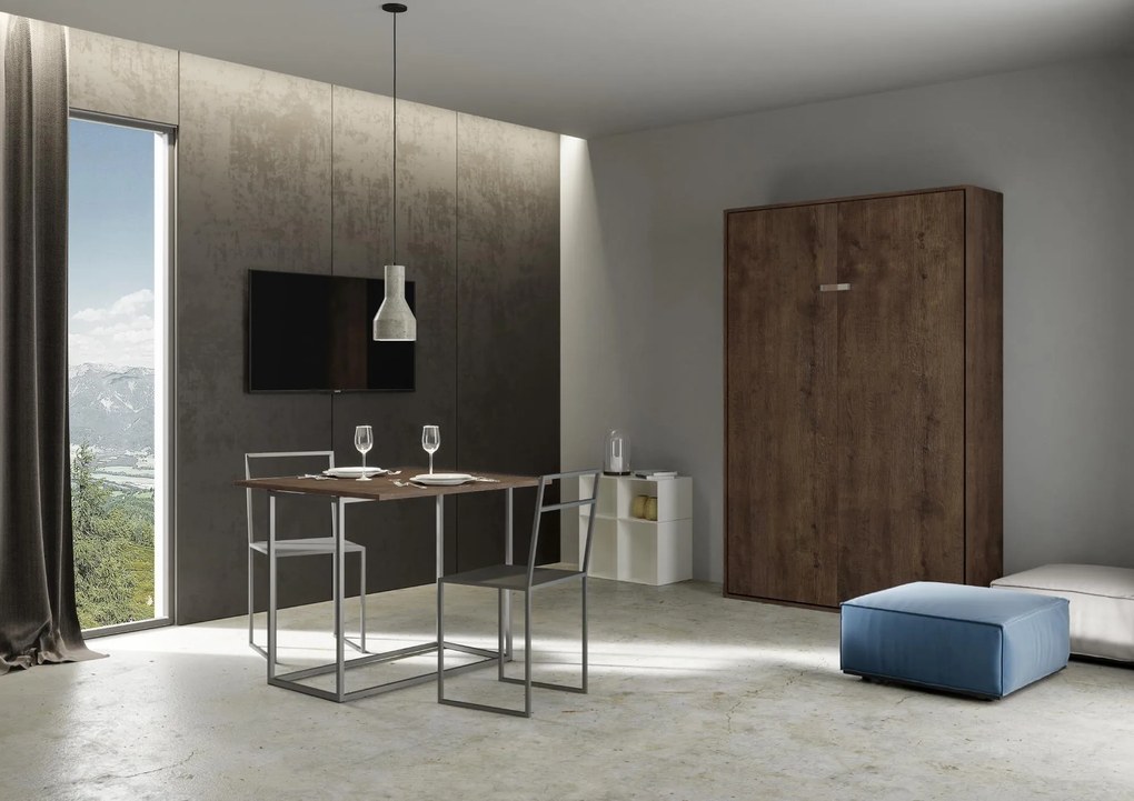 Letto matrimoniale francese a scomparsa 140 verticale Kentaro con colonna e pensili, Noce / Colonna