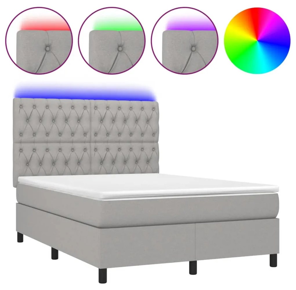 Letto a molle materasso e led grigio chiaro 140x190 cm tessuto