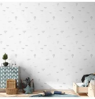 Tappezzeria murale - Drawing - Airplanes - balloons - and airships against a sky full of birds 50 cm x 10 m