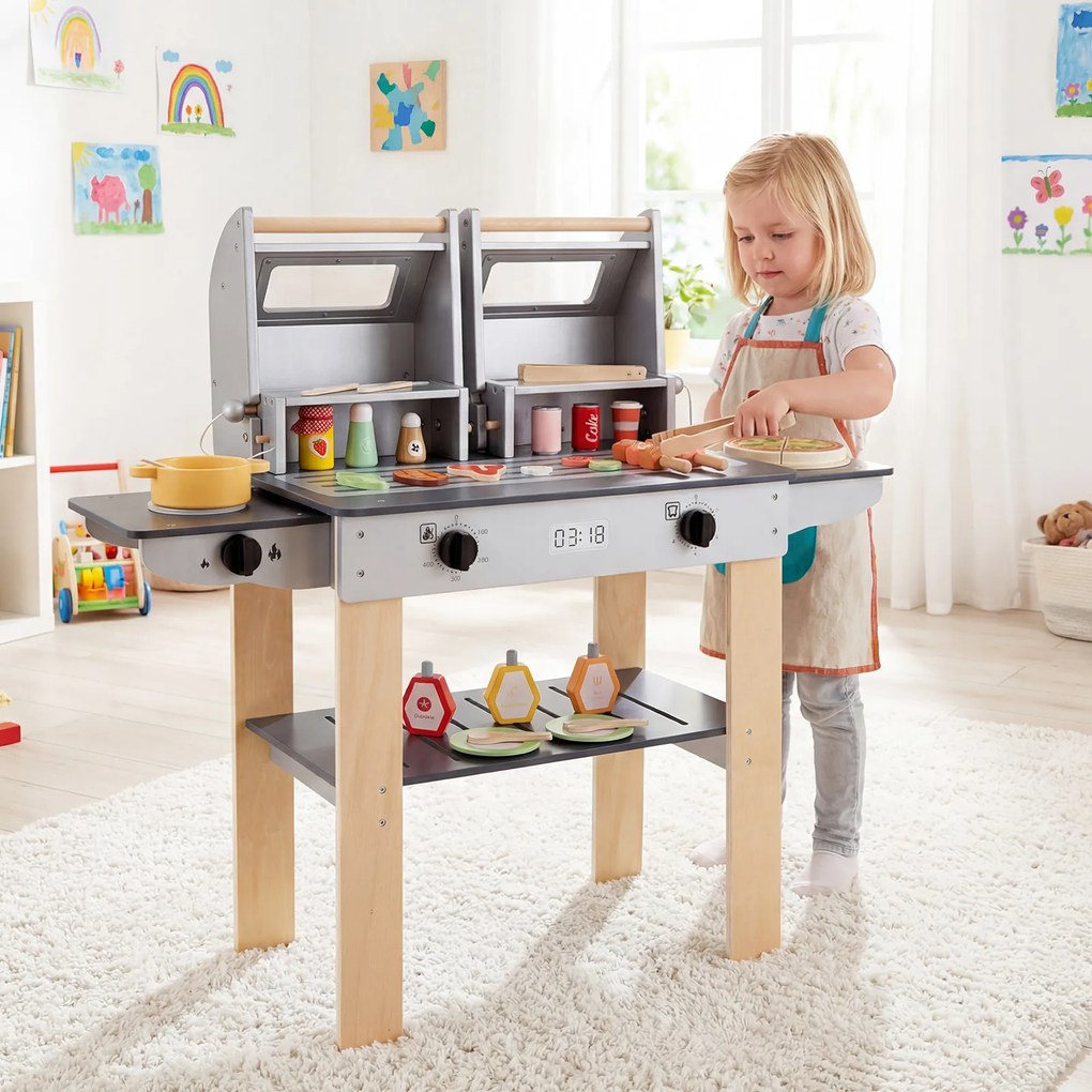 Costway Set di gioco per barbecue in legno per bambini con ricchi accessori, Gioco di griglia per bambini cibi giocattolo con 2 grill Grigio