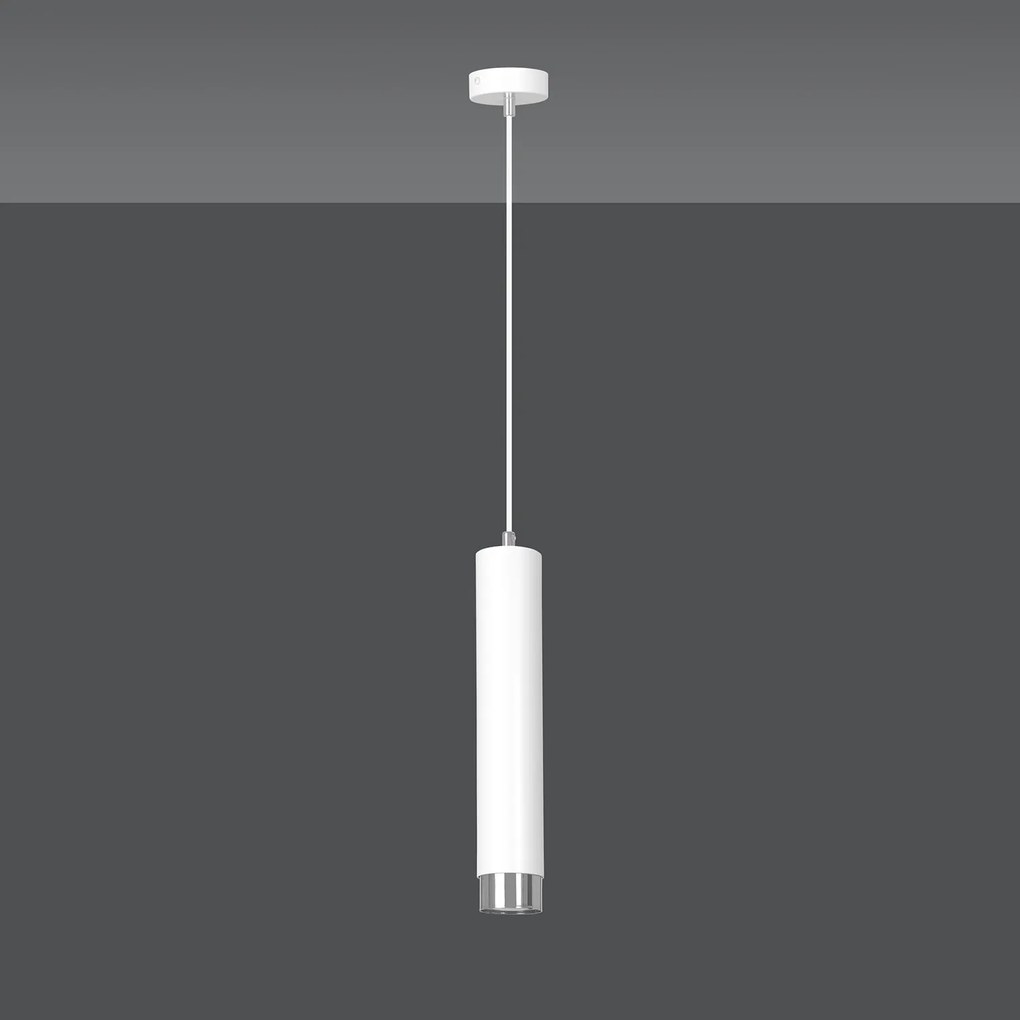 Sospensione 1 Luce Brunilde In Acciaio Bianco Con Tubolare In Bianco E Cromo