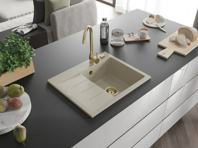 Mexen Ben lavello in granito 1-vasca con sgocciolatoio, destro 600 x 500 mm, beige, sifone dorato - 6523605000-69-G