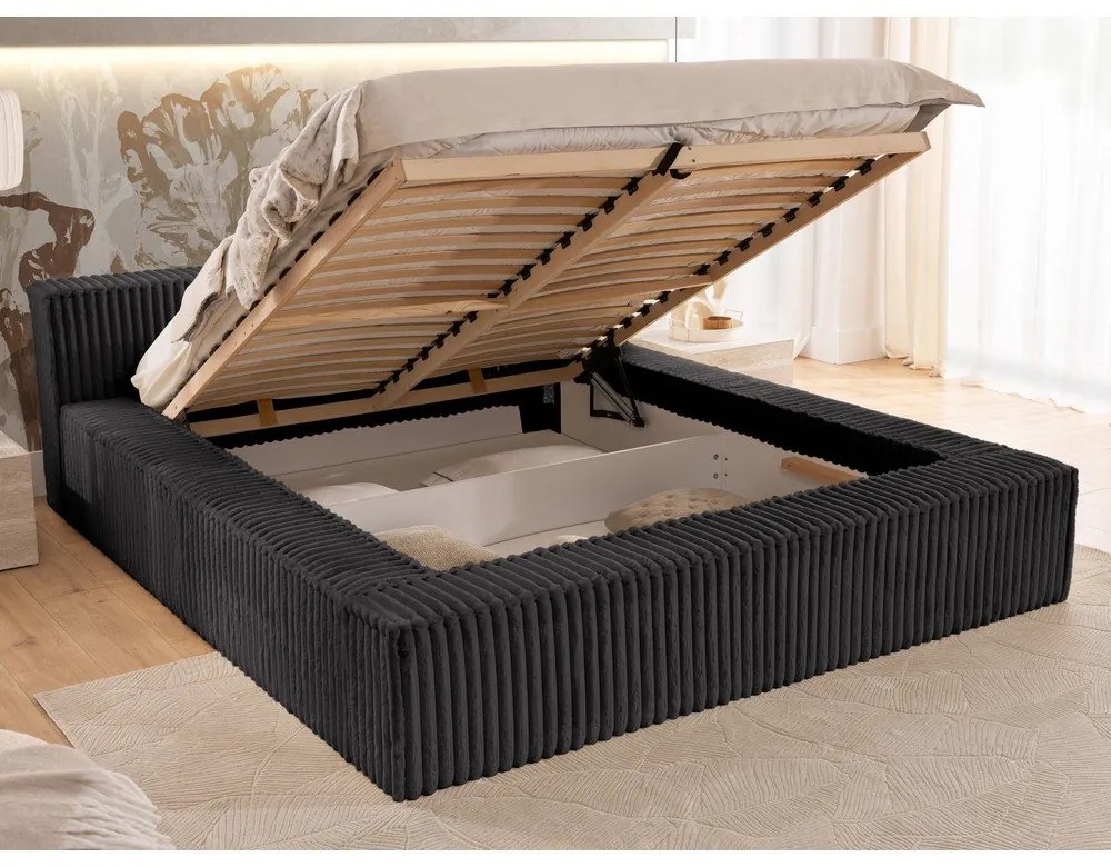 Letto matrimoniale imbottito nero con contenitore e rete inclusi 140x200 cm Cloe – Ropez