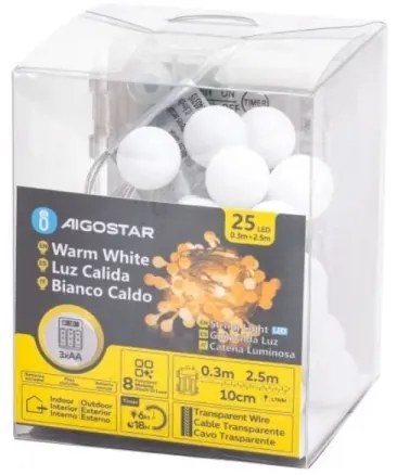 Aigostar-LED Catena luminosa LED da esterno 25xLED/3xAA/8 modalità 2,8 m IP44 bianco caldo